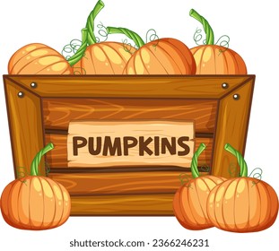 Colorful vector illustration of pumpkins displayed in a wooden box with a sign banner in front