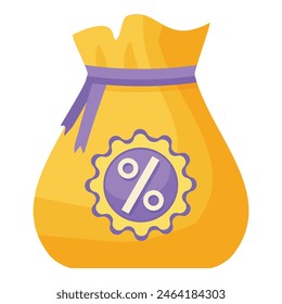 Colorful vector illustration of a purple money bag with discount percentage icon symbolizing savings and finance for sale, offer, promotion, deal, and special savings in retail and commerce