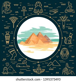 Colorful vector illustration of the pyramid of Giza, Egypt hand-drawn and landmarks icons in linear style isolated on background. Egypt tourist poster.