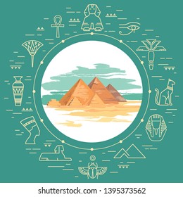 Colorful vector illustration of the pyramid of Giza, Egypt hand-drawn and landmarks icons in linear style isolated on background. Egypt tourist poster.