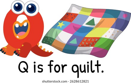 Colorful vector illustration of a quilt with a playful monster. Bright colors and simple shapes enhance educational appeal