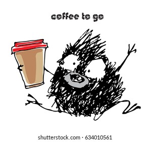  Colorful vector illustration with quirky character isolated on white background. Fun freak jumping with a Cup of coffee. The black round monster Blob with a gray lips. Coffee to go, take away. 