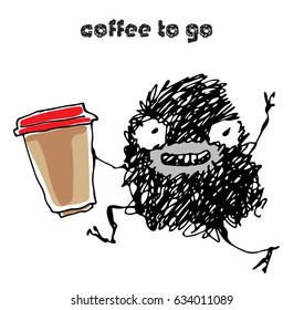  Colorful vector illustration with quirky character isolated on white background.Fun freak running with a Cup of coffee.The black monster with a gray lips and white teeth.Coffee to go, take away.Font.