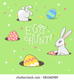 Colorful vector illustration of rabbits hiding with eggs and text "Egg hunt!". Design template for invitation and greeting card in vintage cartoon style