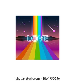 colorful vector illustration of rainbow over water, starry night sky and neon inscription love