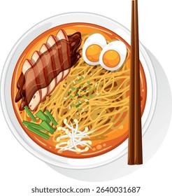 Colorful vector illustration of a ramen bowl with noodles, eggs, and meat. Clean lines and vibrant colors enhance the composition