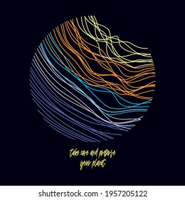 Colorful vector illustration of random strokes forming a planet in graphic style with text alluding to preservation.