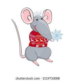 Colorful vector illustration of rat in Christmas sweater. New year and Christmas character. Can be used for as elemets for your design for greeting cards, calendars, prints