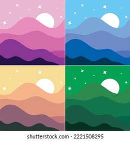 Colorful vector illustration ready to print: sun and hills set 