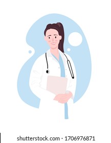 Colorful vector illustration of realistic friendly woman doctor. Smiling beautiful brunette in female medical uniform with stethoscope. Flat positive cute young nurse holding clipboard in hands. Vector