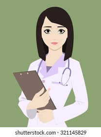 Colorful vector illustration of realistic friendly woman doctor. Smiling beautiful brunette in female medical uniform with stethoscope. Flat positive cute young nurse holding clipboard in hands.