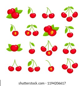 Colorful vector illustration of red cherry with stem & leaves. Flat icon set of organic fresh berries. Vegan & vegetarian food. Health eating fruit ingredients. Isolated objects on white background. 