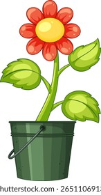 Colorful vector illustration of a red flower with green leaves in a metal pot. Simple, bright, and cheerful design
