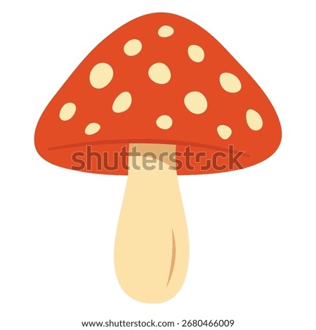Colorful vector illustration of a red fly agaric mushroom with white spots. Cute flat cartoon style design, perfect for autumn decorations, children’s illustrations, stickers, patterns,