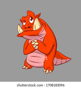 Colorful vector illustration of a red monster creature with big tusks and tail