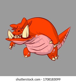 Colorful vector illustration of a red monster creature with big tusks and tail
