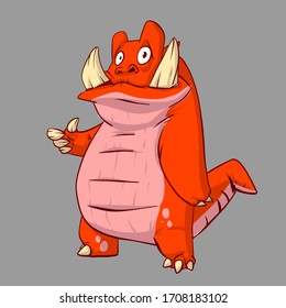 Colorful vector illustration of a red monster creature with big tusks and tail