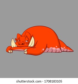 Colorful vector illustration of a red monster creature with big tusks and tail