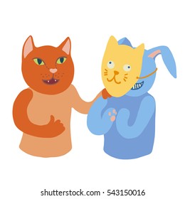 Colorful vector illustration of red smiling cat with green-yellow eyes giving thumbs-up gesture and patting blue rabbit in a yellow cat mask on the shoulder. Identity theft concept.