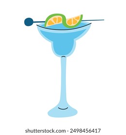 Colorida Ilustración vectorial de un refrescante cóctel gimlet de lima con rodaja de lima en un pincho en un vaso. Bebida alcohólica para fiestas y celebraciones. Bebida de verano en estilo de dibujos animados planos