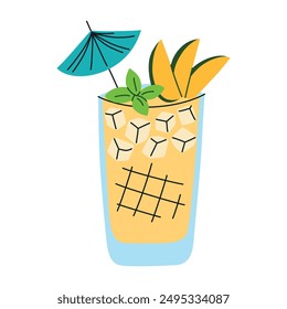 Colorful vector illustration of a refreshing mango mocktail with ice cubes, mint garnish, and a cocktail umbrella. Healthy refreshing summer drink for parties. Flat cartoon style, vibrant colors