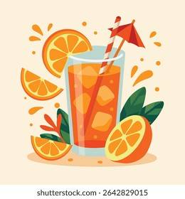 Colorful vector illustration of a refreshing orange juice in a glass with ice cubes, straw, and umbrella, surrounded by orange slices, leaves, and juice splashes