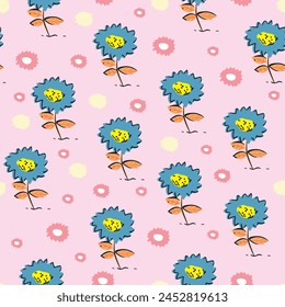 Colorful vector illustration of repeated pattern with flowers in a casual style.