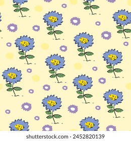 Colorful vector illustration of repeated pattern with flowers in a casual style.