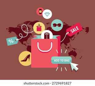 Una colorida Ilustración vectorial que representa el comercio electrónico, el comercio minorista y las ventas. El gráfico presenta una bolsa de compras con iconos de productos como un reloj, vestido, gafas de sol, diamantes y zapatos de tacón alto. Incluye etiquetas de Precio con símbolos de REBAJAS y descuentos porcentuales, junto con un Botón verde "Agregar a la bolsa", ideal para promociones de compras en línea, campañas de ventas y materiales de marketing minorista.