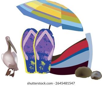 Colorful vector illustration representing summer vacation, featuring a pelican, beach umbrella, flip flops, and boat
