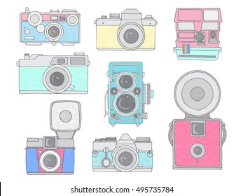 Colorful vector illustration of retro camera set. Hand drawn vintage photocameras set with cute patterns.