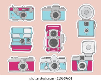 Colorful vector illustration of retro camera set. Hand drawn vintage photo cameras set.Cute retro camera stickers in cartoon style.