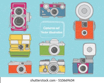 Colorful vector illustration of retro camera set. Hand drawn vintage photo cameras set.Cute retro camera stickers in cartoon style.