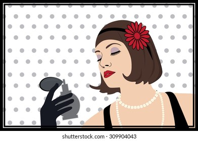 Colorful vector illustration of retro elegant woman holding perfume bottle. 