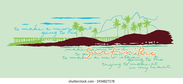 Colorful vector illustration of Rio de Janeiro's waterfront silhouette in stylized form and text alluding to surfing.