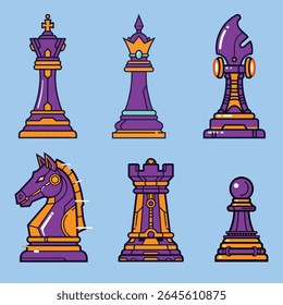 A colorful vector illustration of a robotic-themed chess set. Includes all six chess pieces with a futuristic metallic style in purple and orange. Perfect for games, technology, and sci-fi designs.