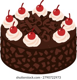Colorful vector illustration of round black forest isolated on a white background for bakery, cafe, menu, and food design projects.