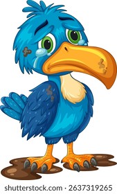 A colorful vector illustration of a sad hornbill with expressive eyes, vibrant blue feathers, and a large orange beak