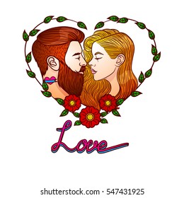 Colorful vector illustration for Saint Valentine's card. Vector image man kissing woman. Two young people are kissing inside frame from flowers. Invitation on the wedding with text "love"