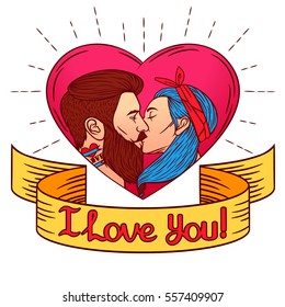 Colorful vector illustration for Saint Valentine's card. Vector image a man kissing a woman. Two young people are kissing on the heart background of pink color with text "I love you" on a ribbon
