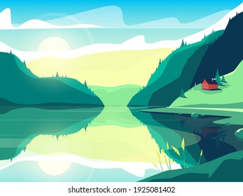 Colorful vector illustration of a scandinavian fjord at sunrise.