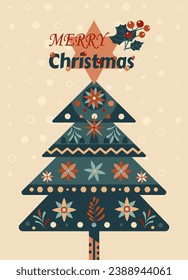 A colorful vector illustration of a Scandinavian folk-style Christmas tree adorned with Christmas decoration elements