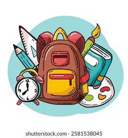 Colorful vector illustration of a school backpack surrounded by books, pencils, an alarm clock, a ruler, and a paintbrush. Perfect for education, learning, and back-to-school themes.