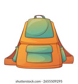 Ilustración vectorial colorida de una mochila escolar con múltiples bolsillos y compartimentos laterales aislados en blanco. Escuela, viajes, concepto de educación.