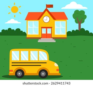 Colorful vector illustration of a school building with a yellow bus parked in front. Perfect for educational themes and children's designs.