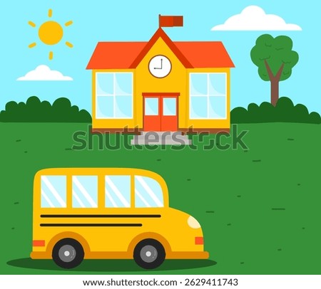 Colorful vector illustration of a school building with a yellow bus parked in front. Perfect for educational themes and children's designs.
