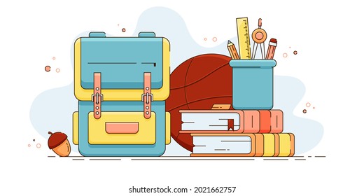 Colorful vector illustration with school educational objects. Back to school concept. Happy knowledge day.Modern vector illustration in linear style on abstract background .Flat design