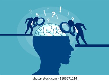 Colorful vector illustration of scientists researching brain and psychology of human on blue background