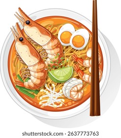 Colorful vector illustration of a seafood noodle bowl with shrimp, eggs, lime, and chopsticks. Bright, detailed composition