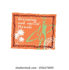 Colorful vector illustration of seal with stylized surfer silhouette in strokes simulating brush strokes. Palm trees in outline style and text alluding to the surf. Art for t-shirts, posters and etc .